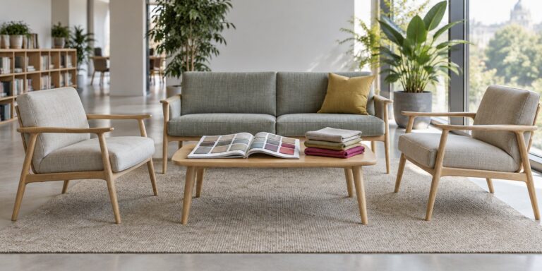 Waiting area with a fabric-upholstered sofa and armchairs on light wood frames and an open fabric swatch book on the coffee table