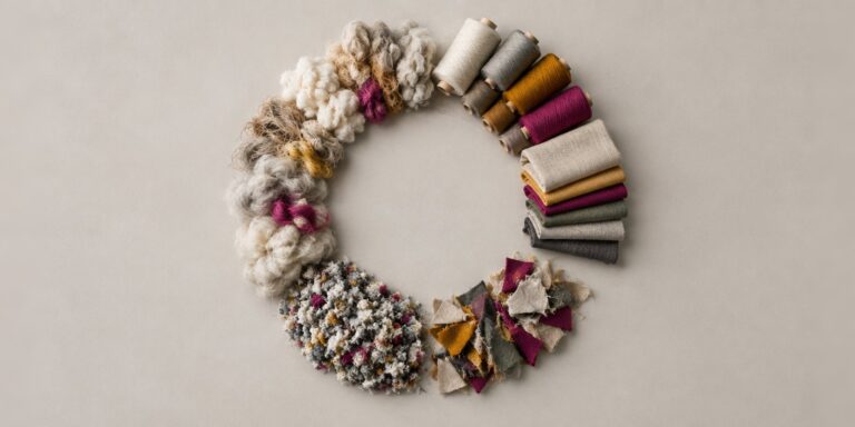 Fibres, yarn cones, fabrics, offcuts and recycled fibres arranged in a ring: the circular life cycle of textiles