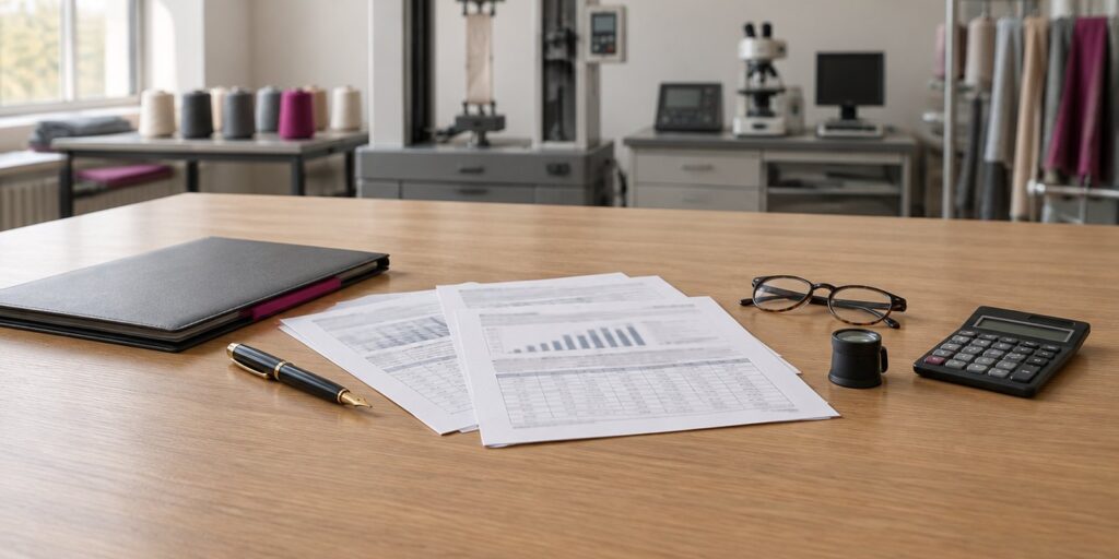 Desk with appraisal documents, a folder, a pen, glasses, a linen tester and a calculator; textile machinery out of focus in the background